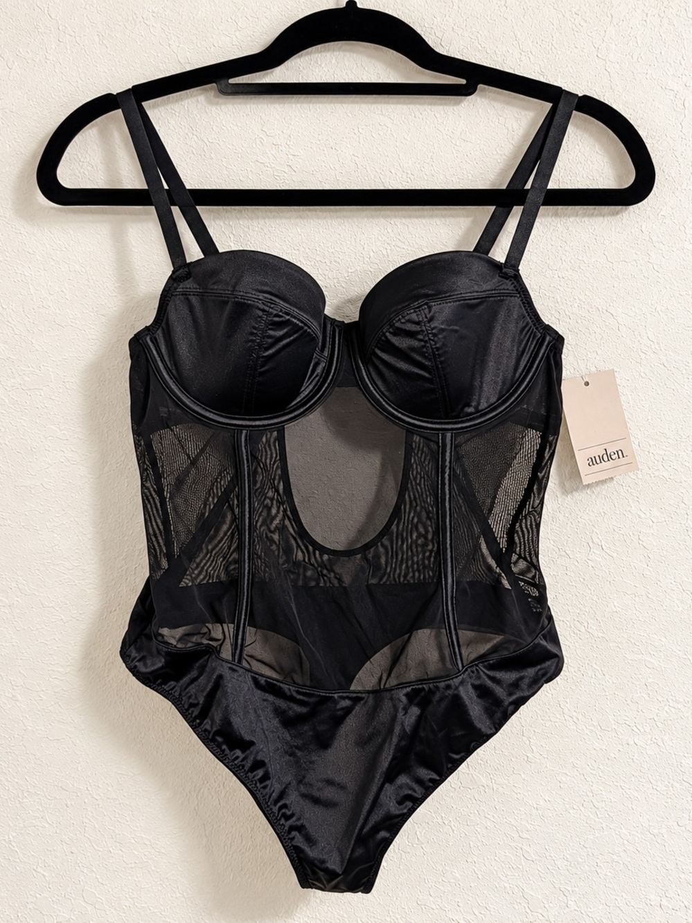 NWT Auden Black Satin Mesh Underwire Corset Bodysuit Size S
